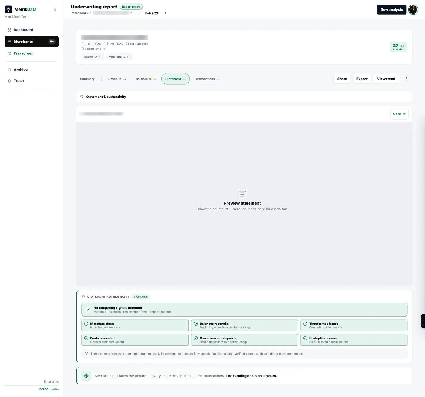 Statement view with extracted transactions traced to the source document